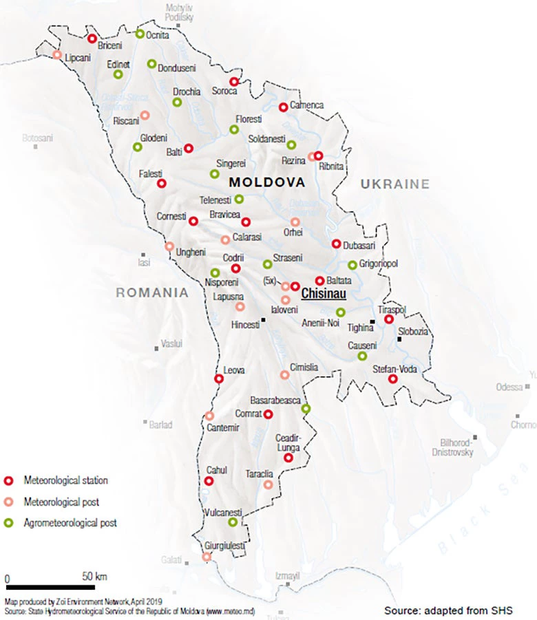 The State Hydrometeorological Service?s meteorological observation network, meteorological stations and posts in Moldova. 