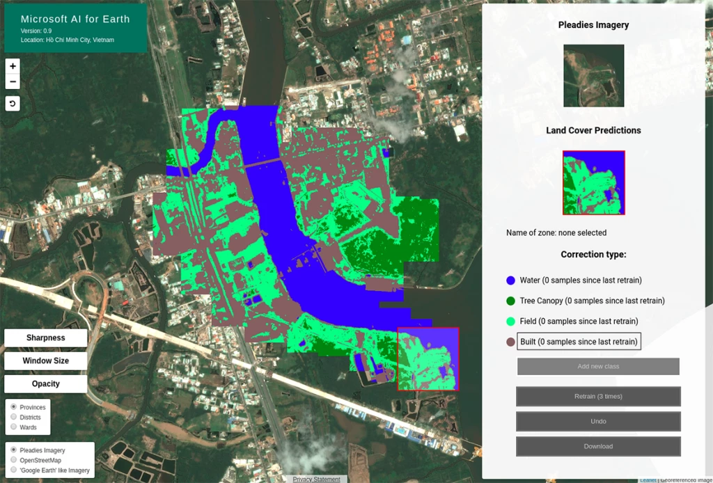 Application interface showing Pleadies 0.5m resolution satellite imagery from 2019 over the Nha Be District of Ho Chi Minh City.