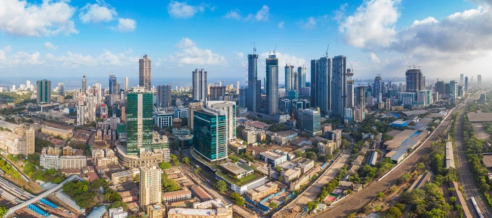 Aerial panoramic view of Mumbai's Lower Parel skyline, with Worli, Prabhadevi, Elphinstone, Dadar and Bandra 