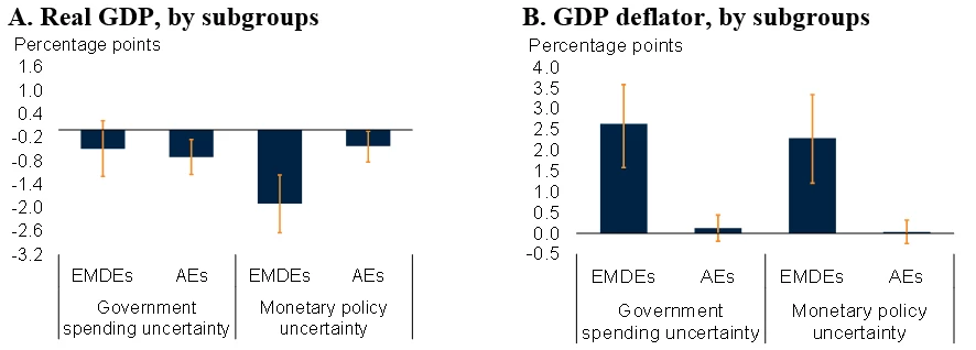 A set of two bar charts (A. Real GDP by subgroups, B. GDP deflator, by subgroups) showing Figure 2: Cumulative impact of a one standard deviation increase in policy uncertainty