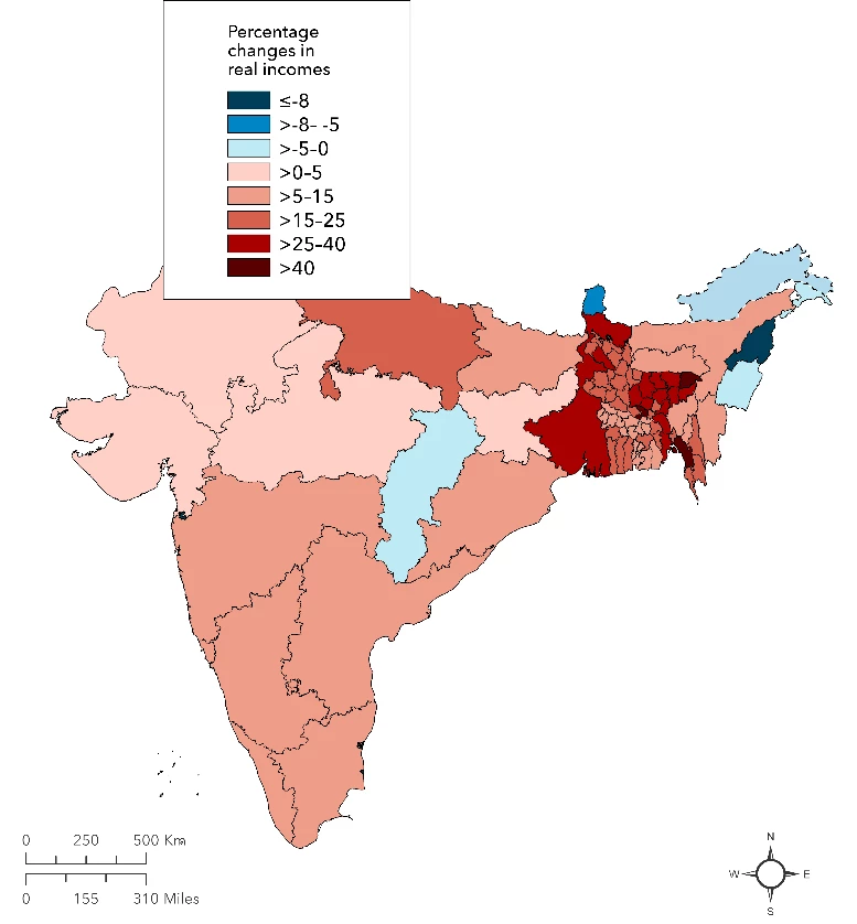 Predicted percentage changes in real income in Bangladesh and India with full transport integration