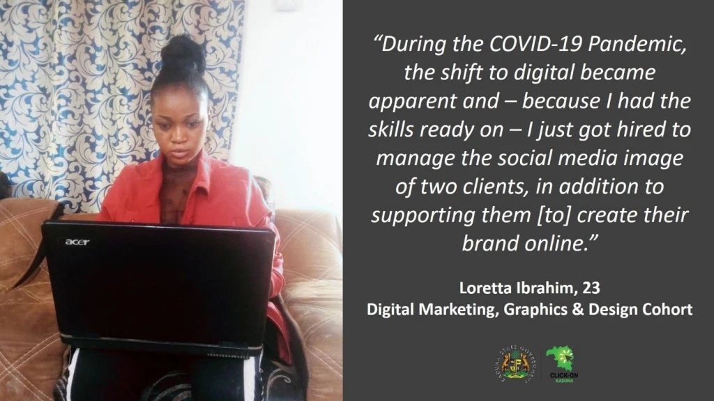 Loretta Ibrahim participated in the Click-On Kaduna Digital Skills Development bootcamp. Photo: Click-On Kaduna Program