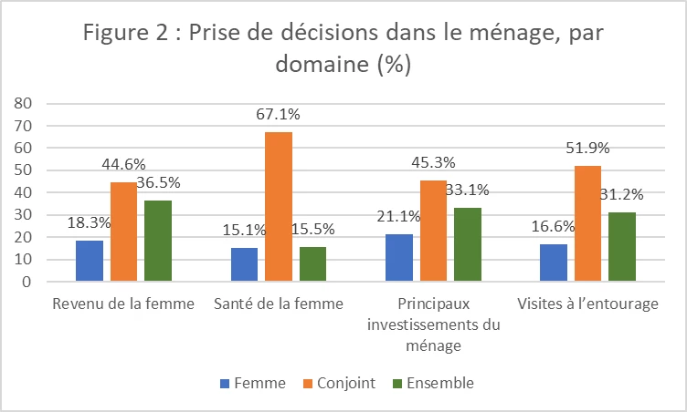 Prise de decisions dans le menage, par domaine (%)