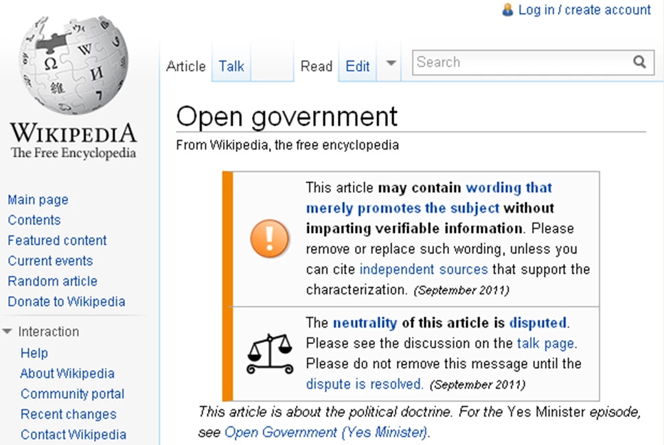 Open Gov heading in Wikipedia