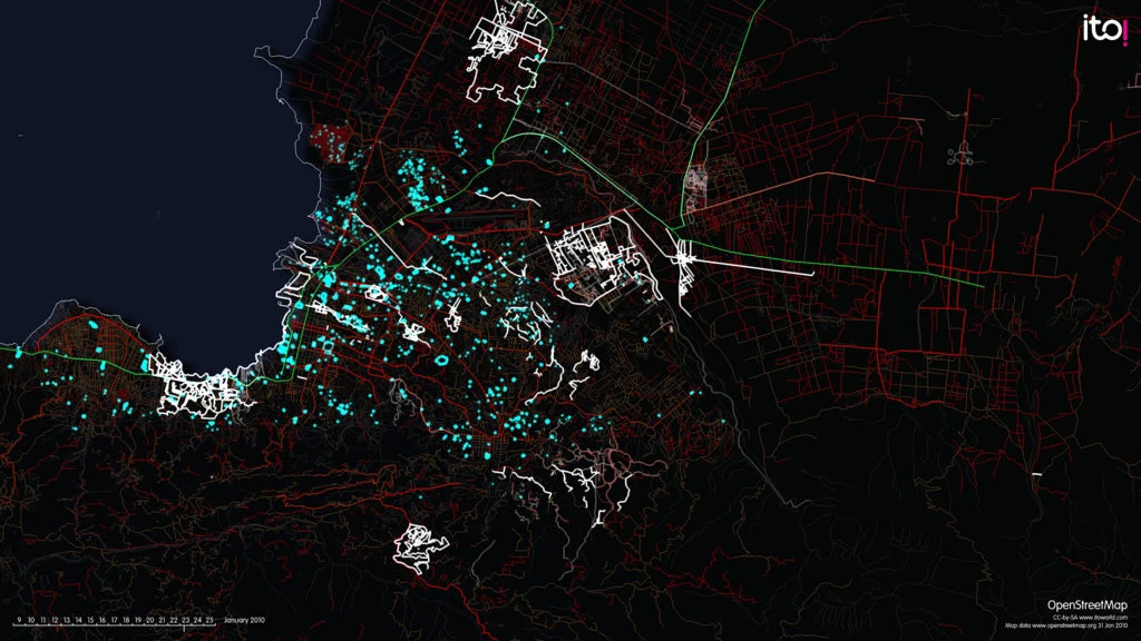 This OpenStreetMap visualization was made after the 2010 earthquake in Haiti by ItoWorld/OpenStreetMap.