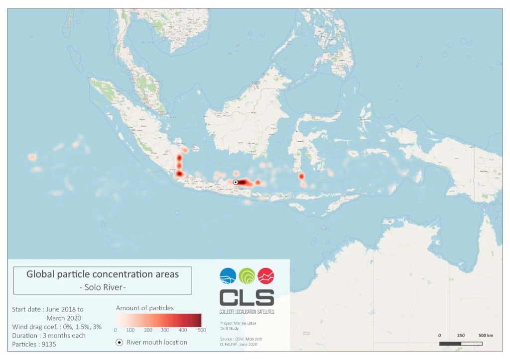 Maps showing plastic accumulation spotsparticle concentration areas based on particle drift simulations conducted from June 2018 to March 2020. The red dots in the maps are spots where the plastic particles accumulatethe plastic accumulation areas, while the intensity of the dots reflects the number of particles. Source: CLS Argos Indonesia