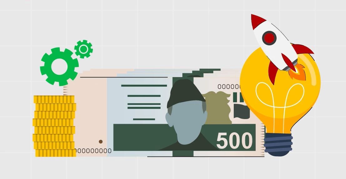 Illustrated Pakistani rupees along with lightbulb, rocket, and machinery