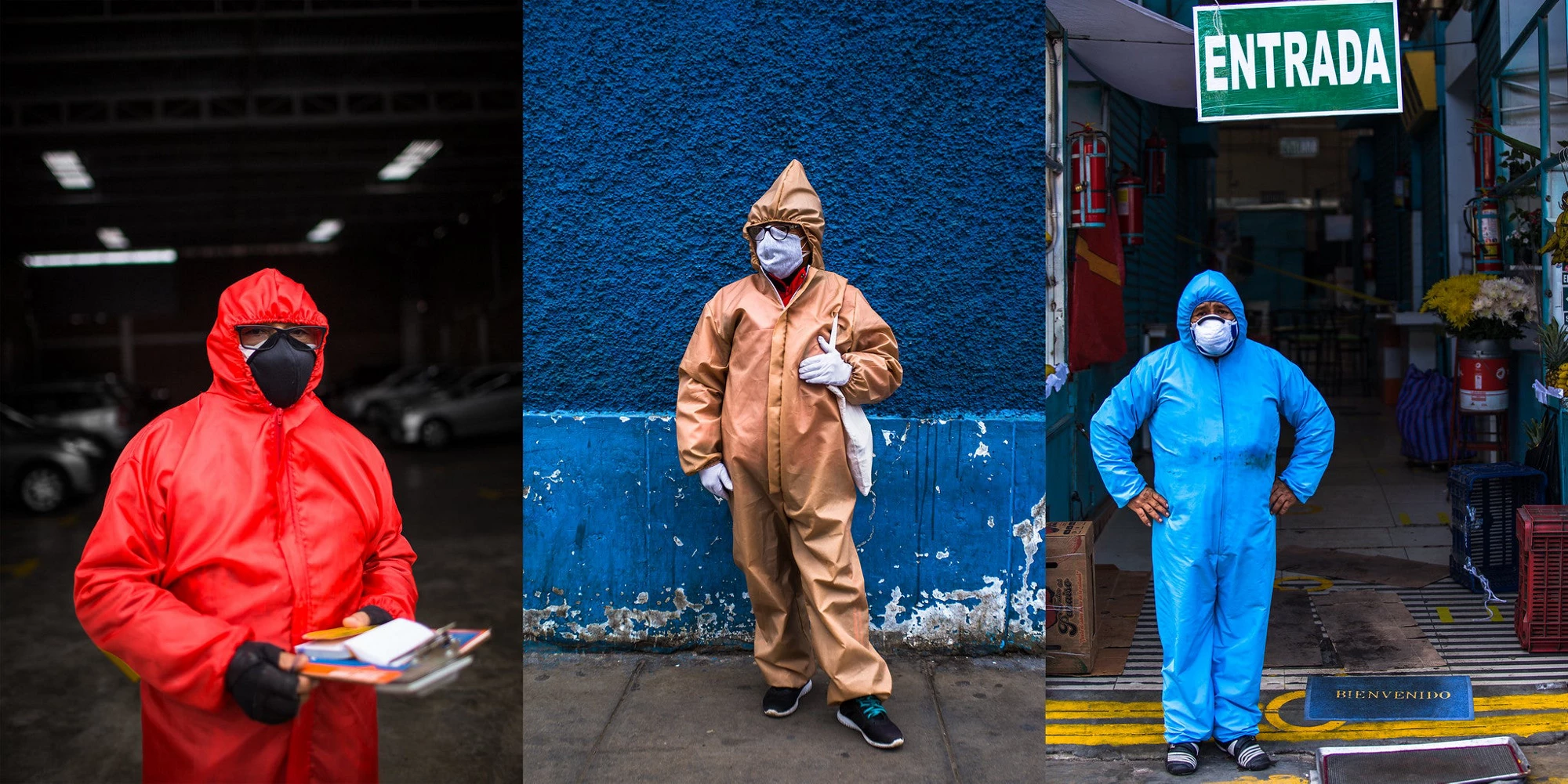 2020. Composición de imágenes de personas en trajes de protección en Lima, Perú, ciudad impactada fuertemente por la COVID19, durante los tiempos de pandemia.