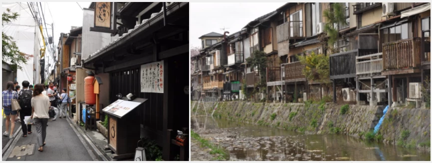 A Ponto-cho restaurant affected by a fire in 2016 (left) and Ponto-cho from the river area. (Barbara Minguez Garcia / World Bank)