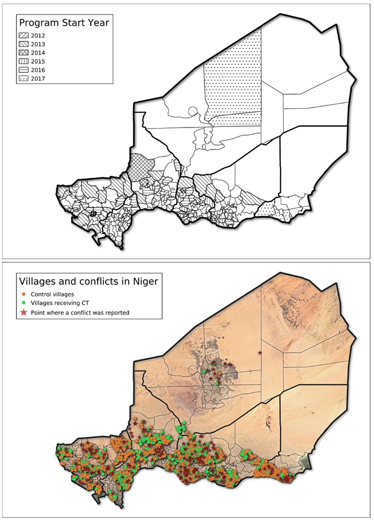 Two maps respresenting Location of the Niger Cash Transfer Program and Conflict Events