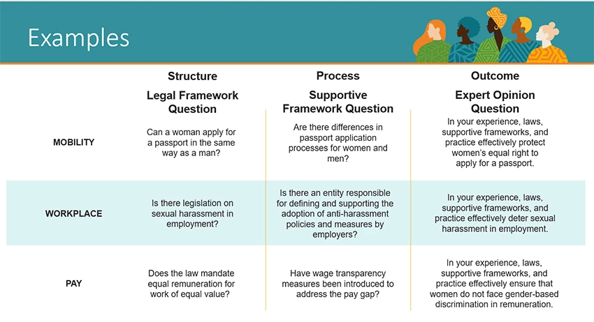 A table showing Examples of questions across the ?structure-process-outcome? pillars