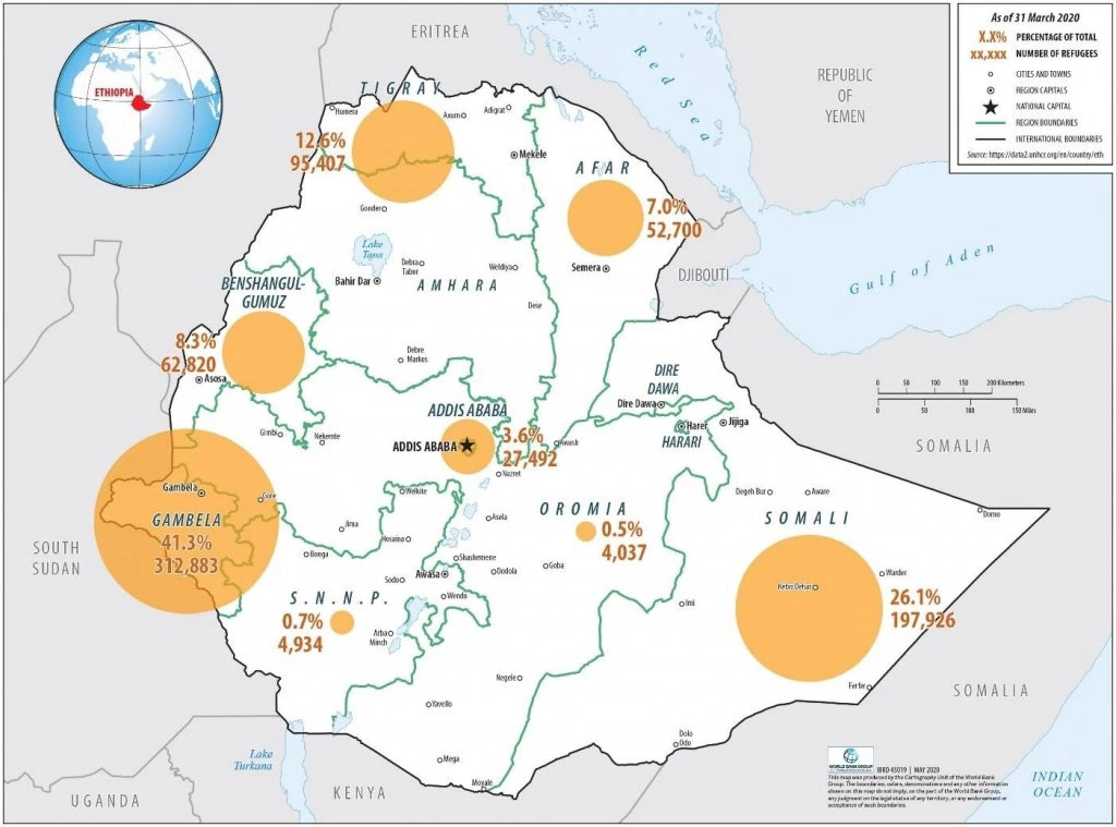 A map of refugees and refugee-hosting regions in Ethiopia 