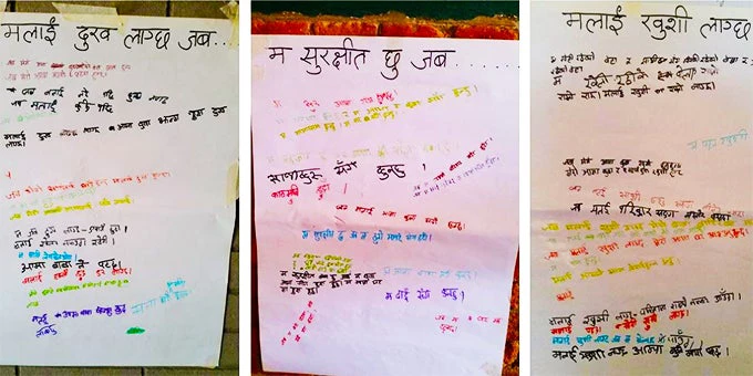Responses from kids staying at the temporary camp in Salyani Durbar during the Window Activity.