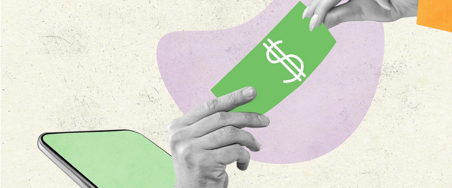 a graphic of a hand holding a dollar emerging from an IPhone handing it to a woman's hand.