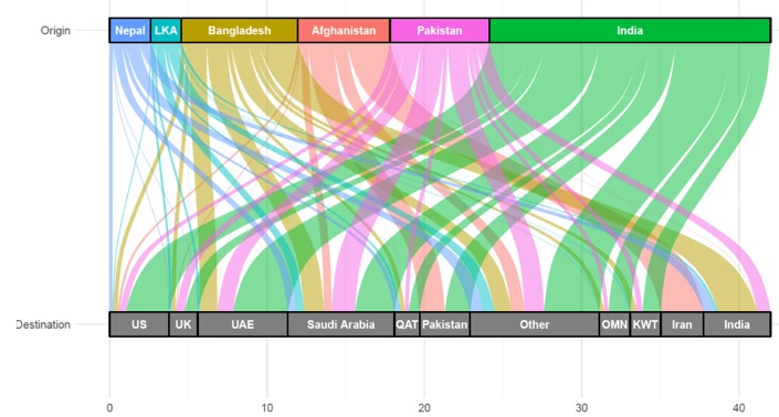 Stock of South Asian international migrants in 2020 by origin and destination (millions). 