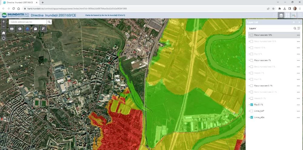 Flood Risk Map as presented in the Romanian Web Viewer