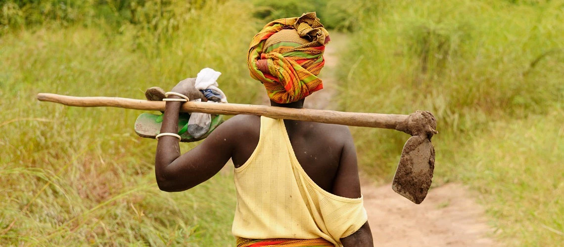 rear shot of woman walking in a field holding a hoe in her shoulders 