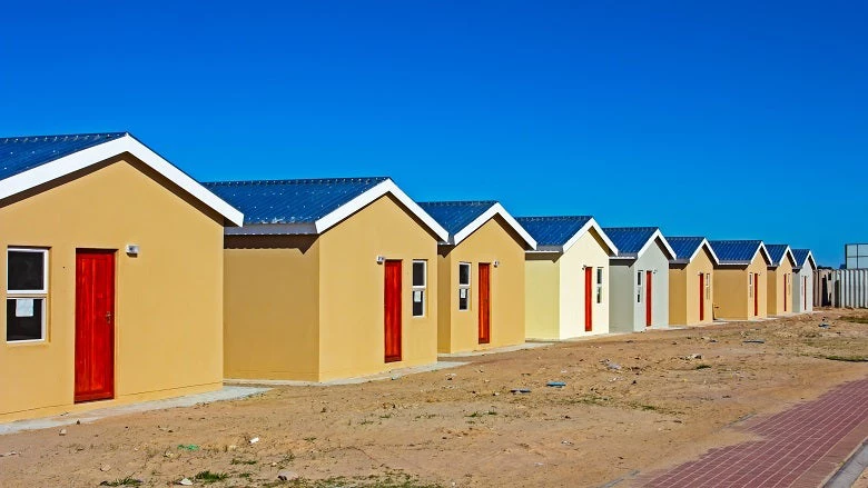 Row of newly built low-cost RDP homes in Western Cape, South Africa