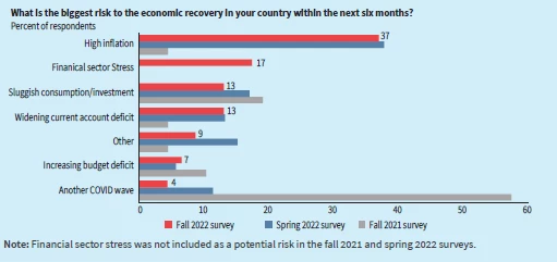 Graph showing Inflation continues to be at the top of the mind for South Asia, SAEPN experts agree. Figure 1.23, page 43, Coping with Shocks: Migration and the Road to Resilience