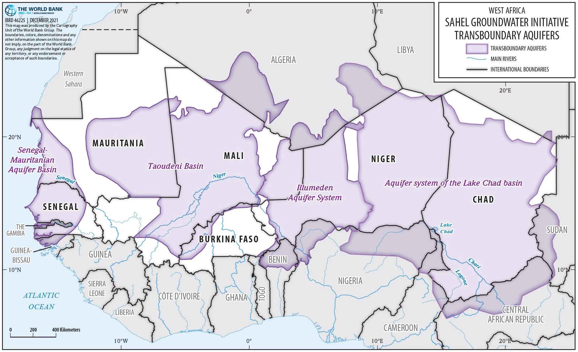 A map showing all the transboundary aquifers in the Sahel region. Map Credit: World Bank/Cartography Unit 