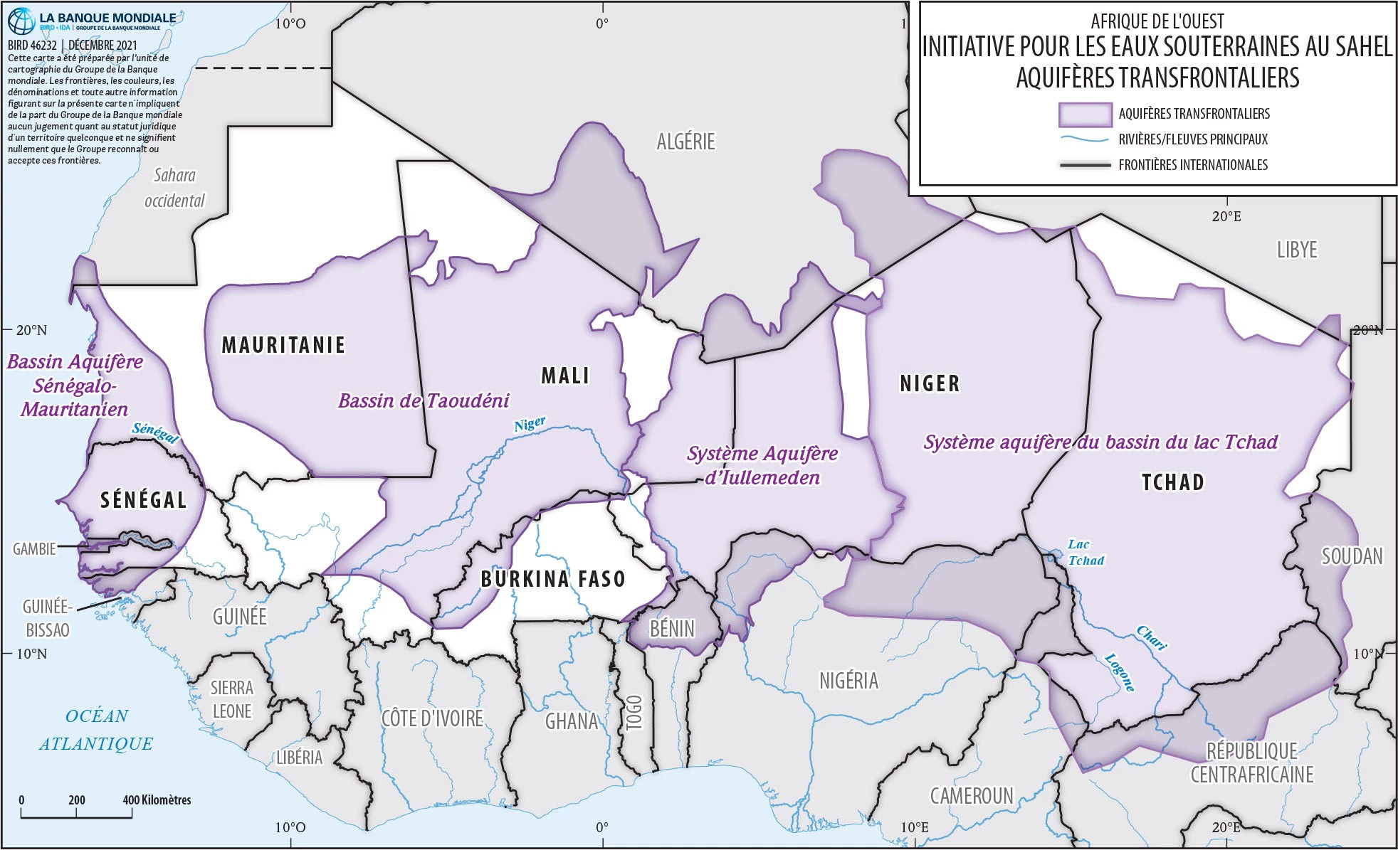 Carte des aquifères transfrontaliers de la région du Sahel. Crédits carte : Banque mondiale/Service de cartographie