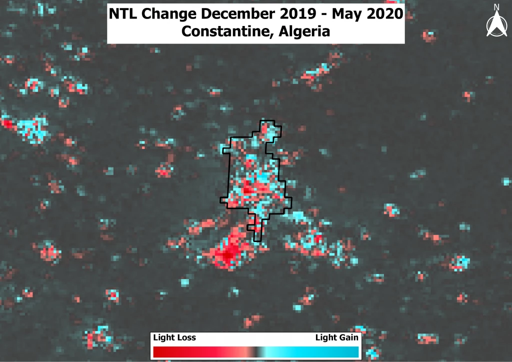 Change in night-time lights intensity,  Dec. 2019- May 2020
