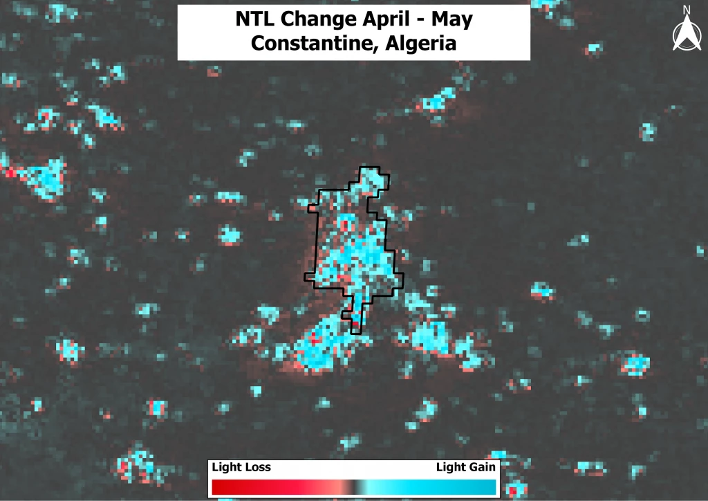 Change in night-time lights intensity,  Apr. 2020- May 2020