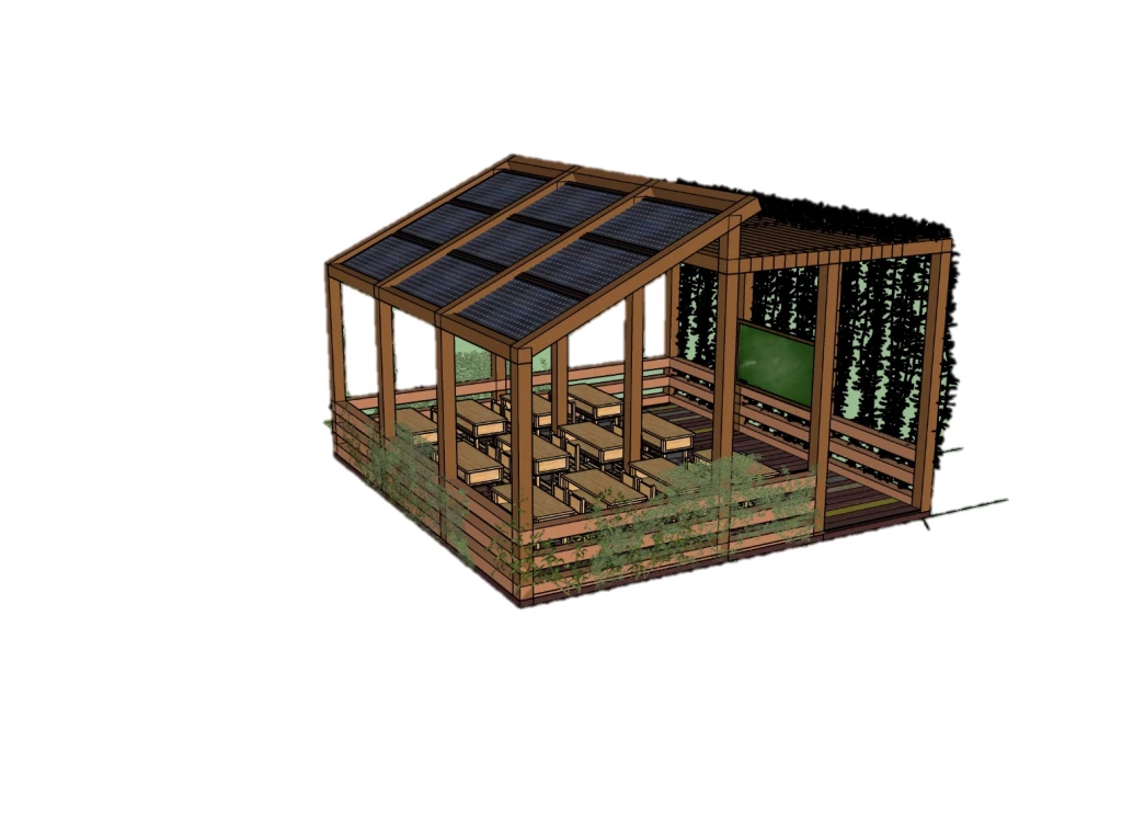 نموذج للفصول الدراسية الخضراء على الأسطح. وضع هذا التصميم في الأساس لإنشاء مزارع على الأسطح لاستخدامها في أنشطة البستنة.  