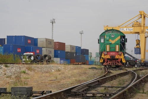 Khorgos, Kazakhstan - 09.22.2022 : A freight locomotive on the railway tracks of the Khorgos border station.