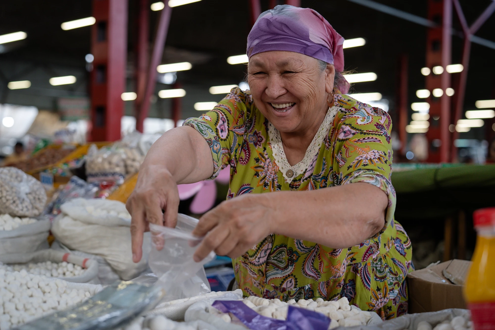 BISHKEK, KYRGYZSTAN - 17.7.2023: The people of Kyrgyzstan and the scene in Osh Bazaar. The Osh Bazaar is the main market where the locals of Bishkek come to buy and sell their products.