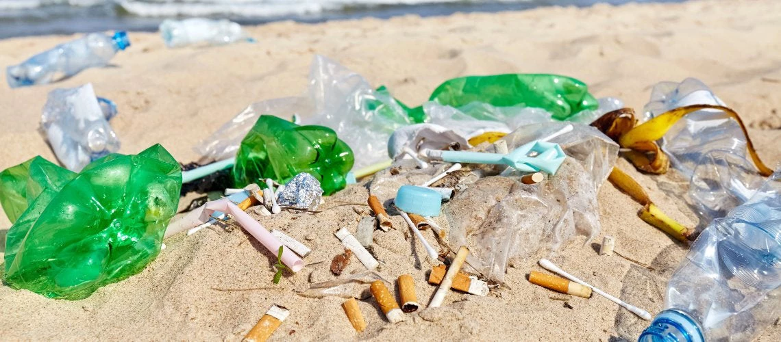 Empty bottles and cigarette butts on the beach