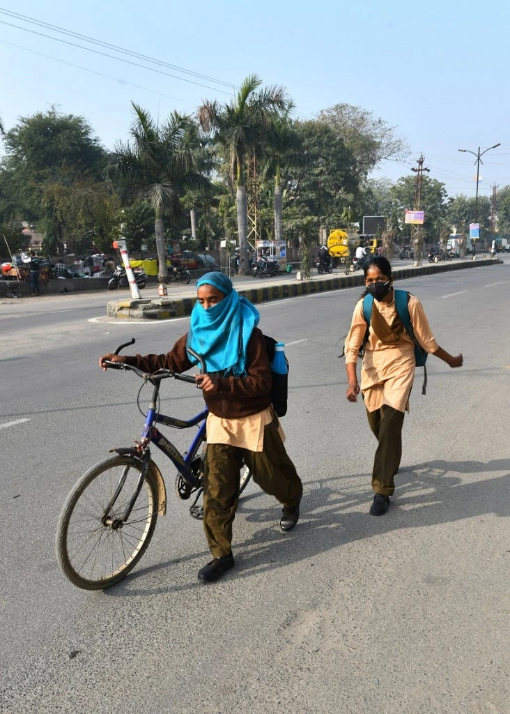 Young students on the road in Rajasthan, India.