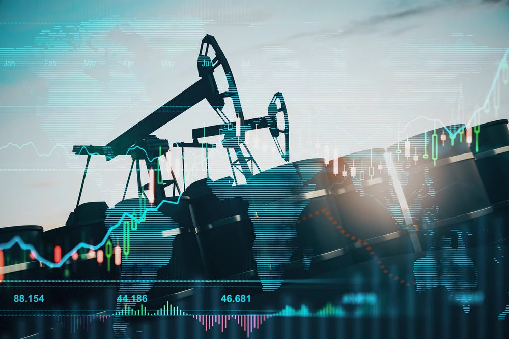 Oil barrels in front of a stock market chart, representing the impact of geopolitical tensions on global oil prices.