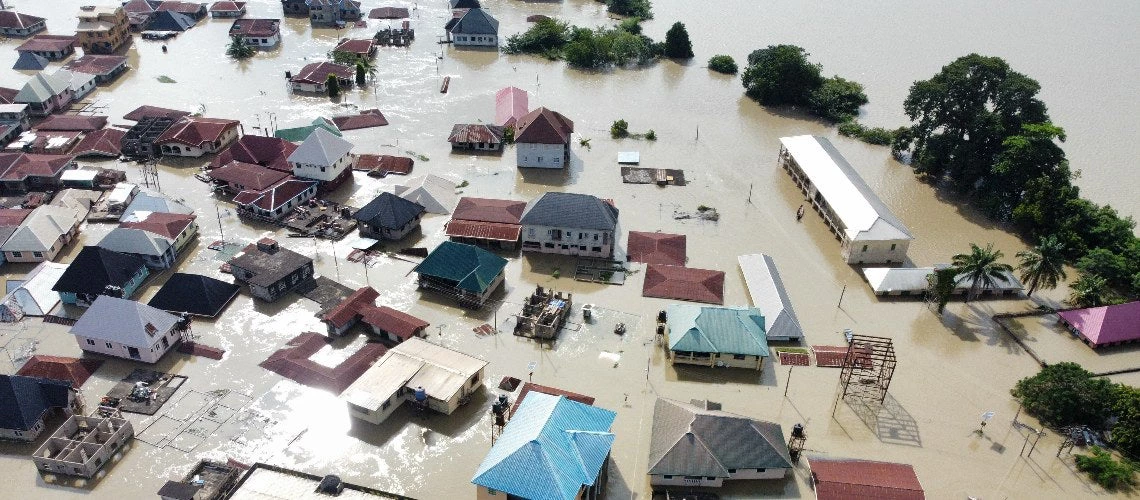 african village submerged by flood