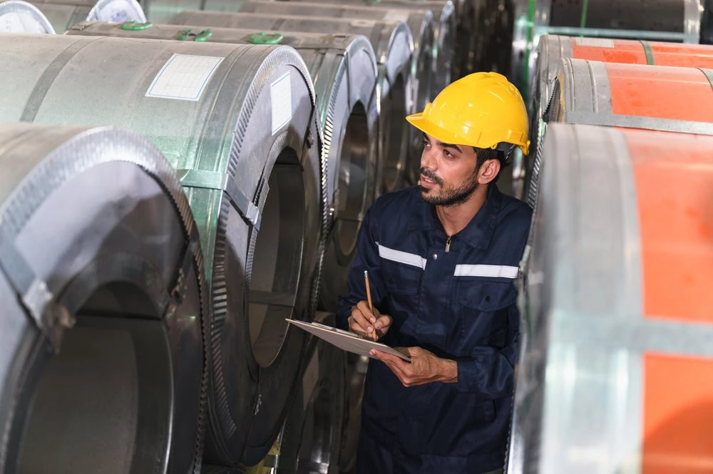 Worker in front of drums of material with a hardhat. (Shutterstock.com/ChaChamp)