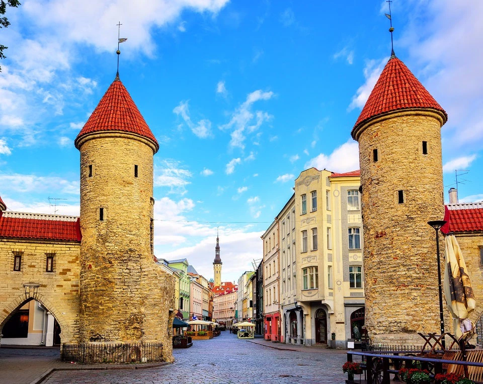 Twin towers of Viru Gate in the old town of Tallinn, Estonia. The country adapted their campaign on Twitter from ?Visit Estonia? to ?Visit Estonia, later? #stayhome. Photo: © Boris Stroujko/Shutterstock