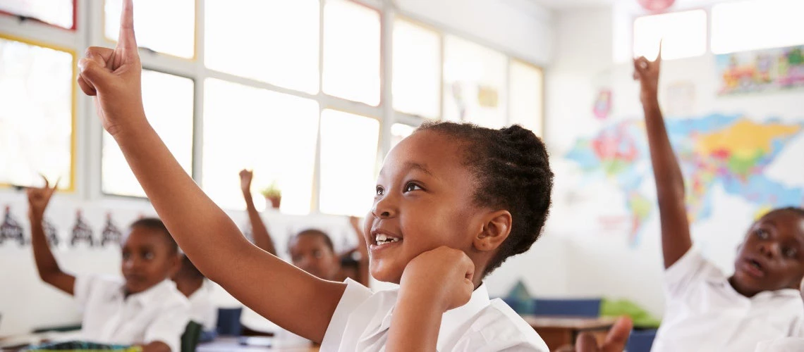 Schoolgirl raising hand during a lesson at elementary school