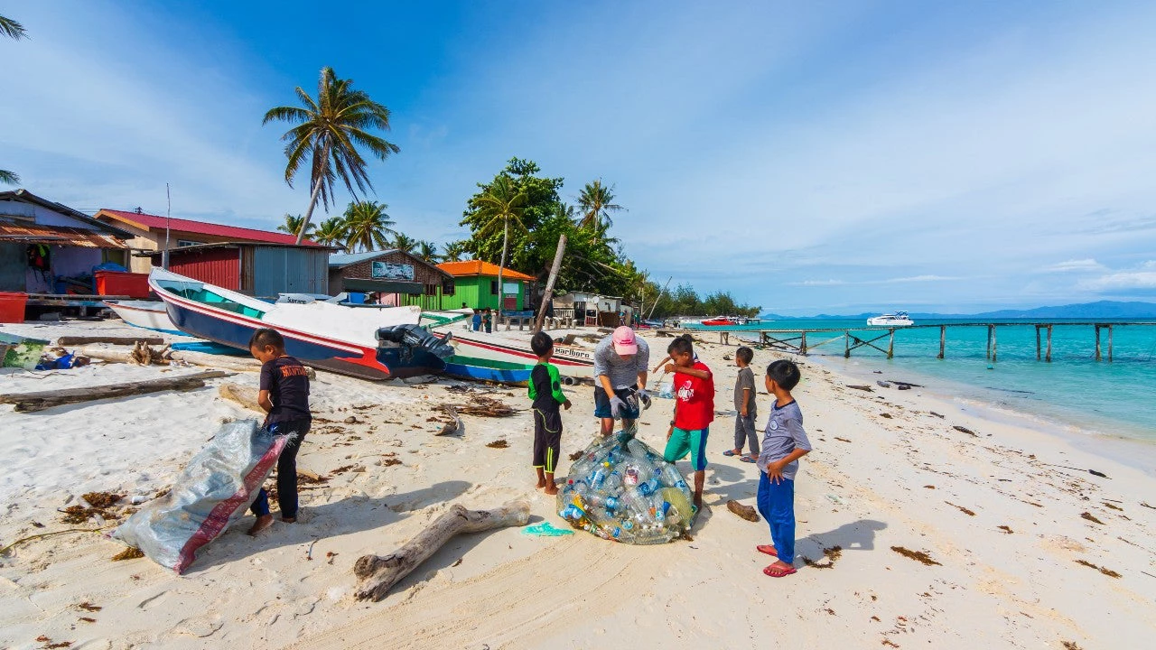 People cleaning a beach