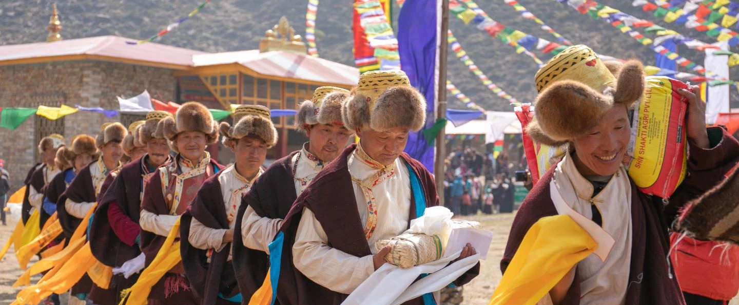 Men performing rituals at the Shagya Centennial Festival in the Tsum Valley in Nepal.