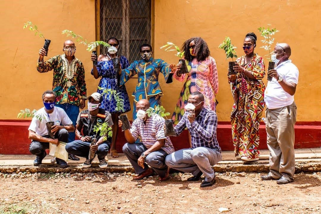 A group of Freetown residents pose with their seedlings.