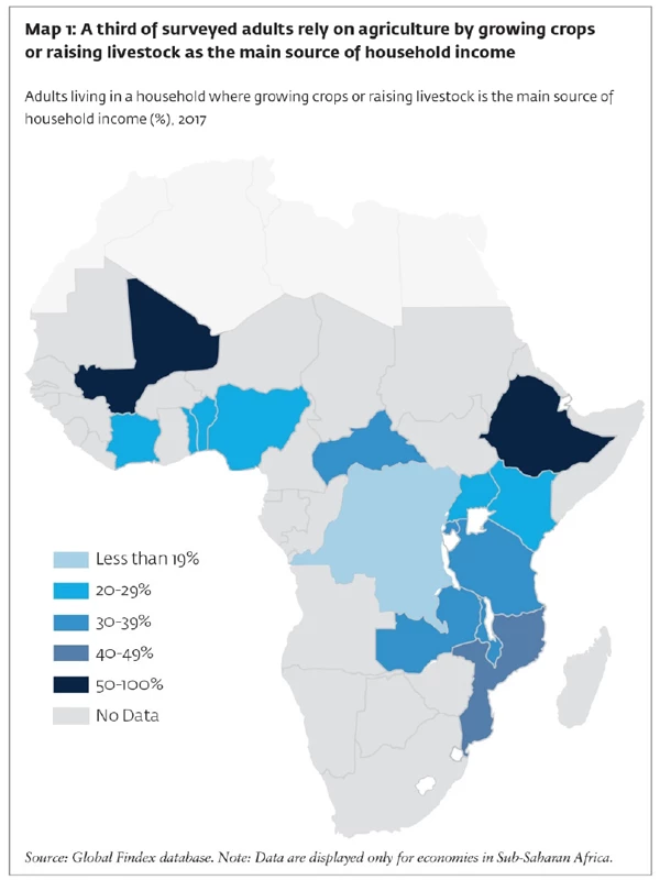 Map 1: A third of surveyed adults rely on agriculture by growing crops or raising livestock as the main source of household income