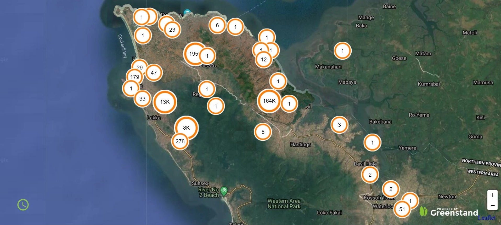 Spots on map of Greater Freetown area of Sierra Leone show where trees have been planted.