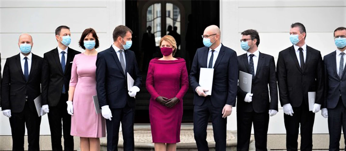 Slovakia?s political leaders wearing protective face masks and gloves while performing official duties. Source:  JOE KLAMAR / AFP / GETTY 