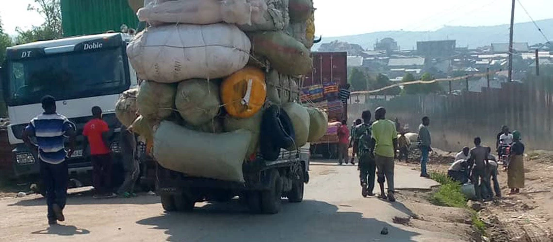 Truck at Mpondwe border carrying goods belonging to a group of small-scale traders engaging in cluster trade during the COVID-19 pandemic.