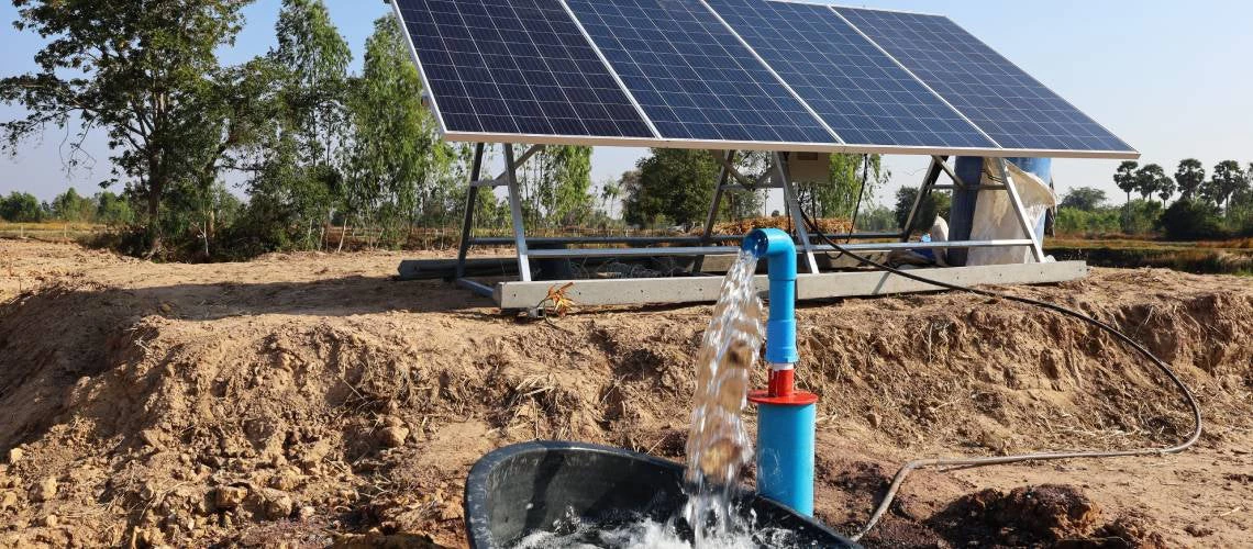 Groundwater is extracted with a submersible pump powered by solar energy 