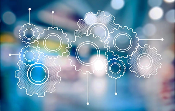 Heap of digital gears on background