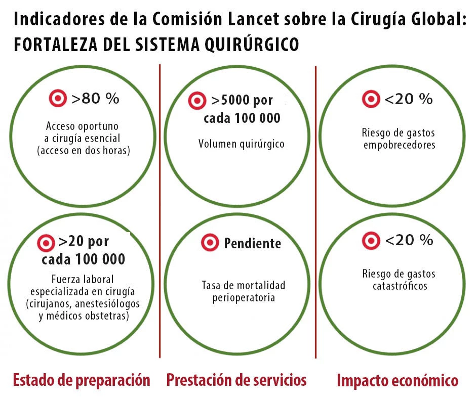 Una representación de los seis indicadores quirúrgicos principales de la Comisión Lancet sobre la Cirugía Global.