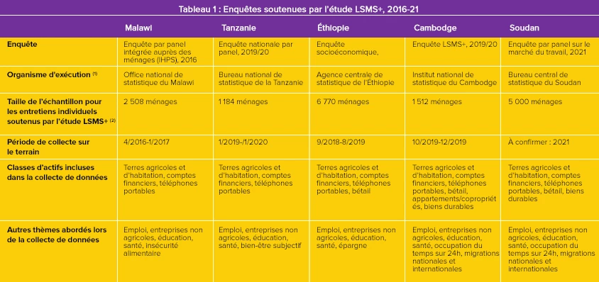 Faire progresser l?égalité hommes-femmes grâce à des enquêtes individualisées sur la détention d?actifs et le travail au sein des ménages - Tableau - Enquêtes soutenues par l?étude LSMS+, 2016-21