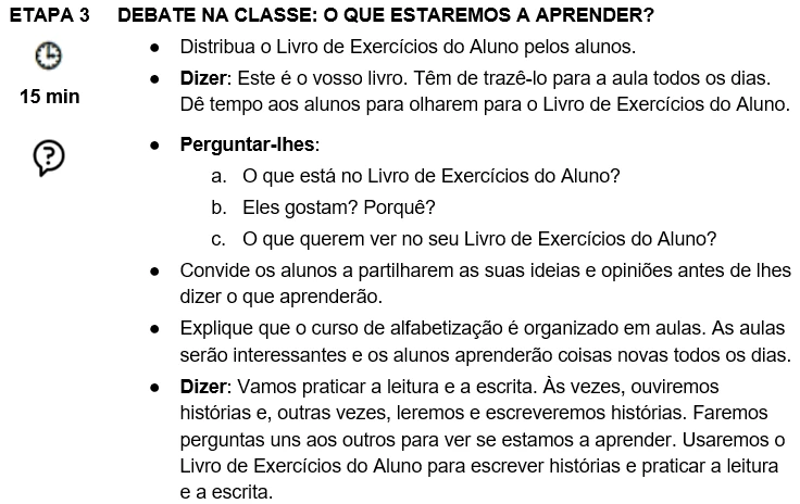 Fonte: USAID e Ministério da Educação da Libéria. 2019. Série de Guias do Professor e Cadernos de Exercícios do Aluno para Educação Acelerada de Qualidade, Literacia, Nível 1, 1º Semestre. Monróvia: Licença da USAID e Ministério da Educação: Creative Commons Attribution CC BY 4.0 IGO