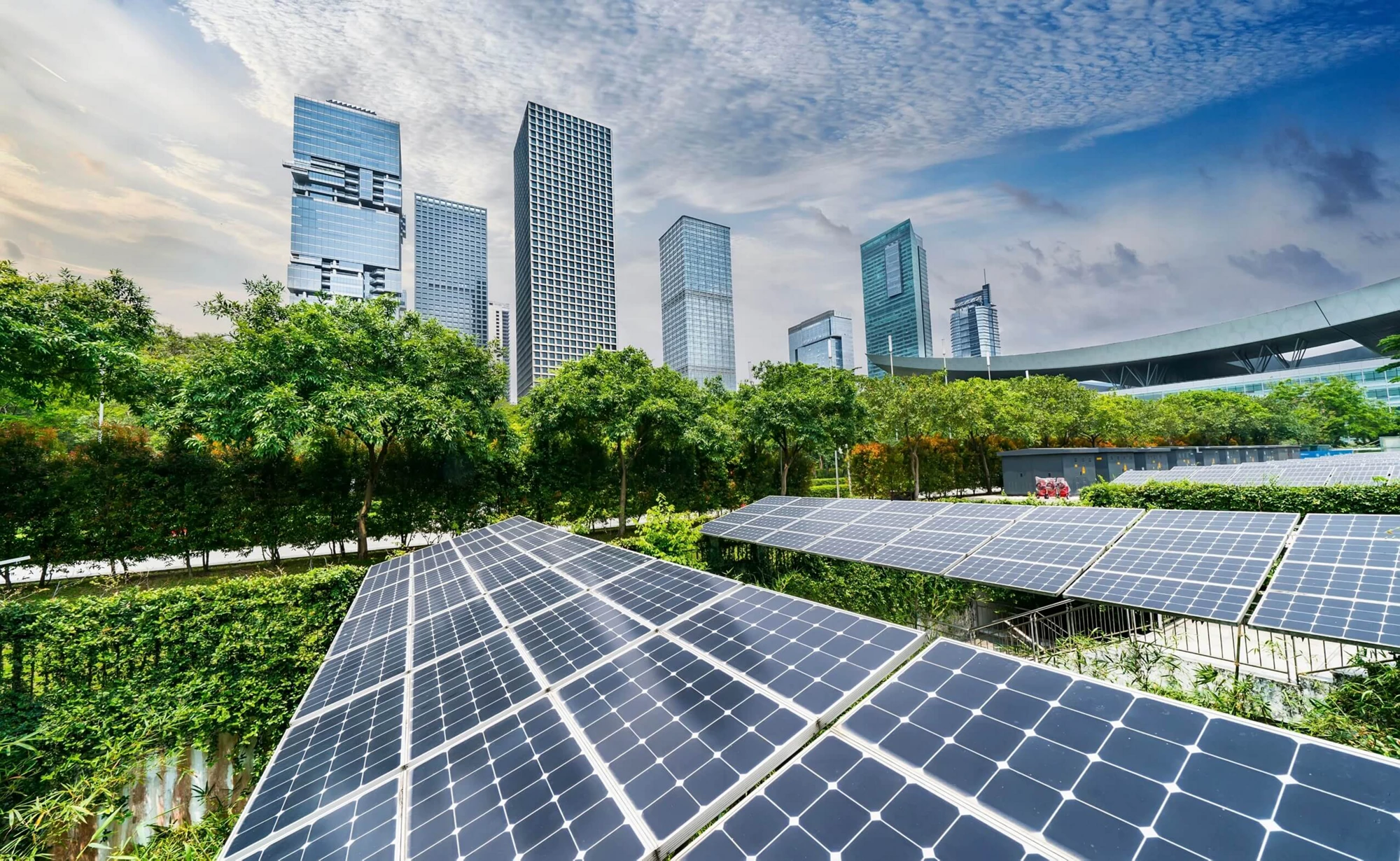 Ecological energy renewable solar panel plan with urban modern building landscape landmarks